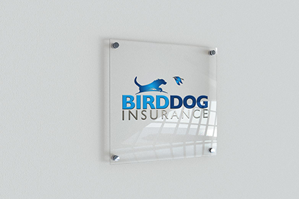 Birddog Insurance Logo printed on a glass frame